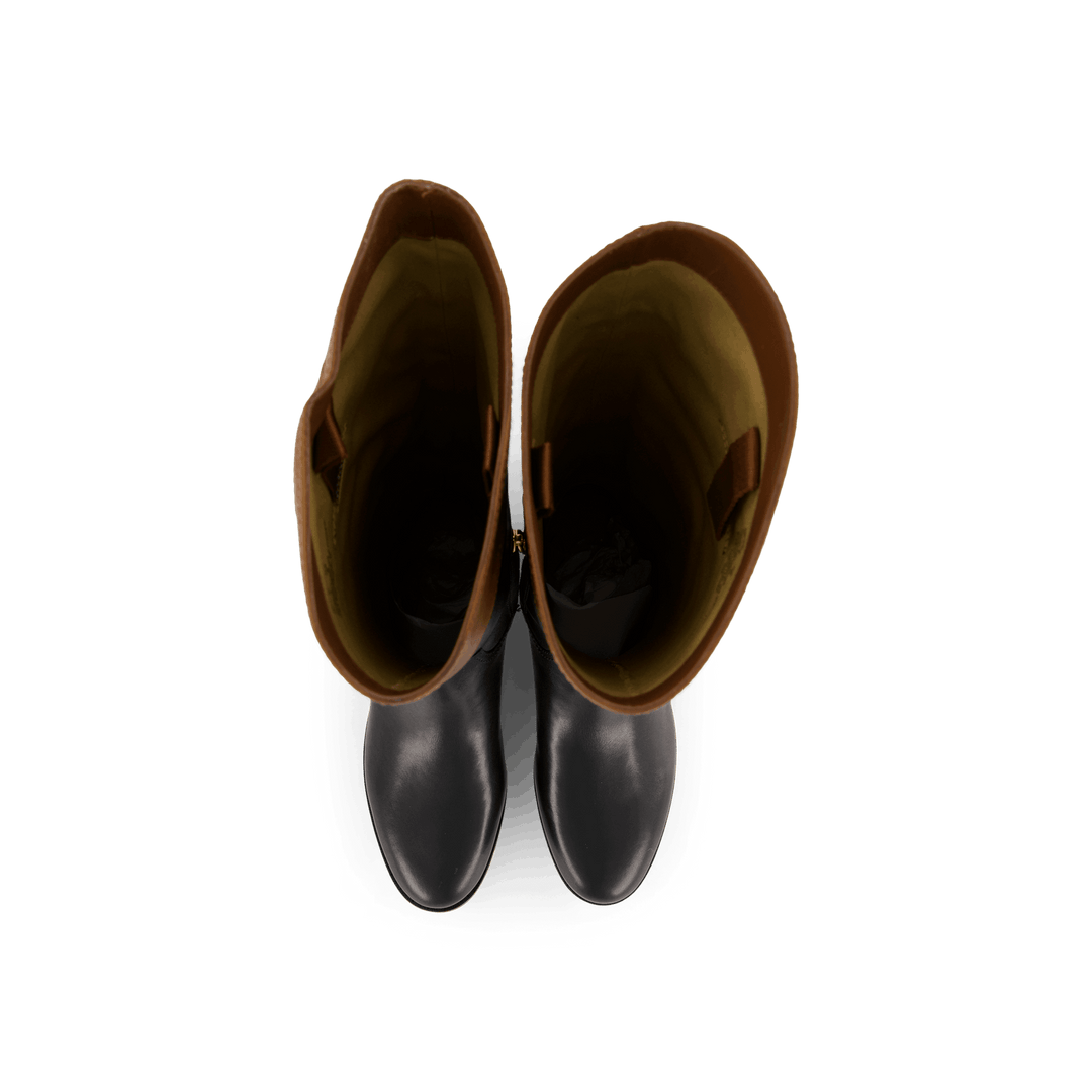 Justine Burnished Leather Riding Boot Black/Deep Saddle Tan