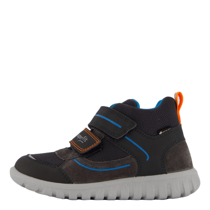 A pair of children's ankle-high sneakers with gray upper, blue accents, and orange straps. The shoes have a sporty design with a thick, non-marking white sole.