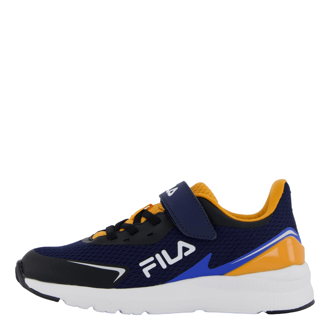 A child's sneaker with black, dark cheddar (orange), and white colors, featuring a hook and loop closure and a Velcro strap.